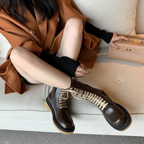 Mordoan Genuine Cow Leather Martin boots womens thick heel lace up British style womens round toe lace up brown short boots