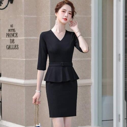 Half Sleeve Dresses OL Styles for Women Business Work Wear Slim Hips V-neck Dress Office Ladies Vestidos with Belt