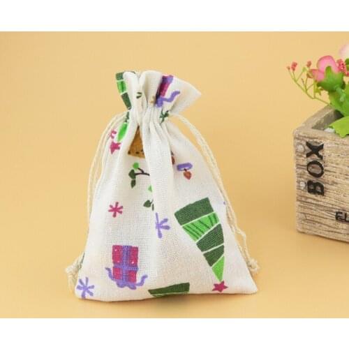 10pcs 10x14cm Handmade Travel Picnic Hiking Cotton Linen Drawstring Storage Bag Christmas Theme Chrismtas Gift Bags Packaging