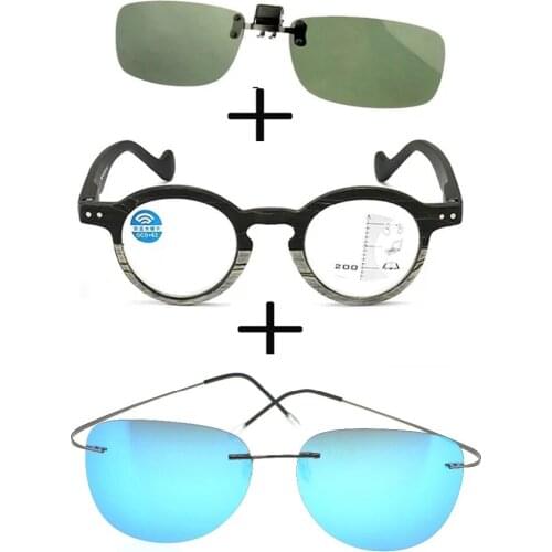 3Pcs!!! Progressive Multifocal Far and Near Reading Glasses for Men Women + Alloy Polarized Sunglasses Pilot + Sunglasses Clip