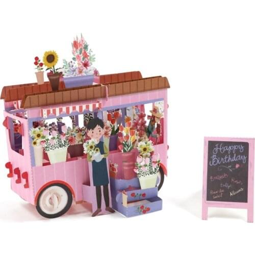 3D Pop Up Colourful Flower Car Greeting Card Birthday Card Laser Cutting Envelope Postcard Hollow Carved Handmade Kirigami Gifts