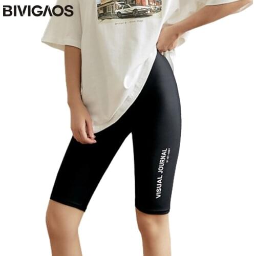BIVIGAOS Side Printed Letter Knee Length Shorts Women Cycling Short Summer Ice Silk Thin High Waist Biker Shorts Sports Fitness