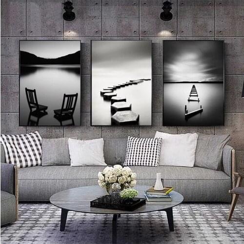 Black and White Lake Surface Landscape Canvas Painting Stone Wooden Bridge Posters Wall Art Prints Living Room Home Decor
