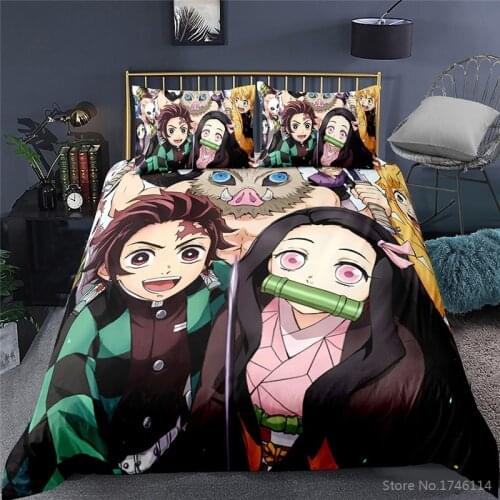 Demon Slayer Kamado Tanjirou Printed Bedding Set 3D Anime Duvet Cover with Pillowcase Soft Bed Linens Bedclothes Home Textile