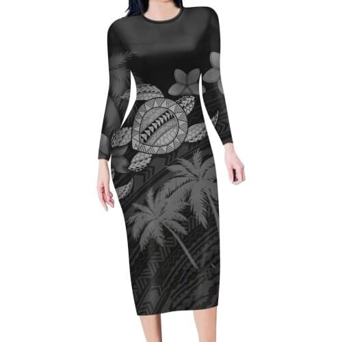 HYCOOL Plus Size Polynesian Tribal New Fashion Women Sexy Ladies O-Neck Black Dress Bandage Bodycon Long Sleeve Party Long Dress