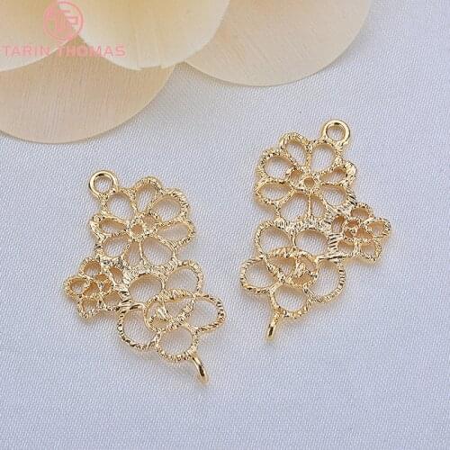 6PCS 28x17MM 24K Gold Color Brass 2 Holes 3 Flowers Connect Charms Pendants High Quality Jewellery Accessories