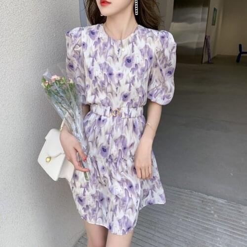 Fashion Dress 2021 Summer New Retro Round Neck Stack Sleeve Printed Chiffon Shirt Short Sleeve Dress Womens Dress