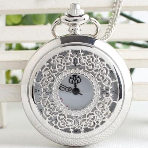 Fashion quartz Silver flower watch Roman numerals Hollow pendant Necklace pocket watch woman and men Gift watches