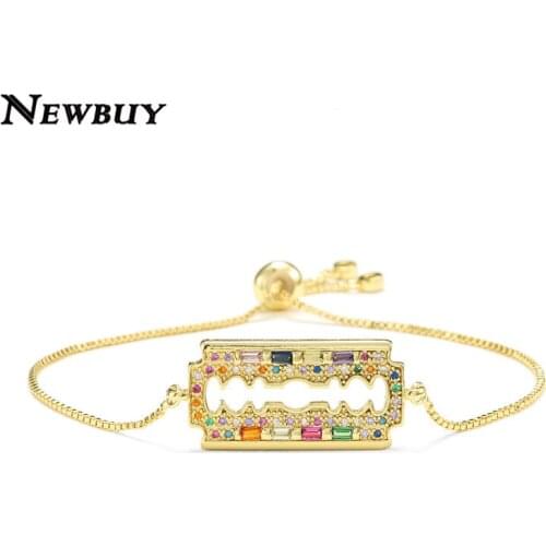 NEWBUY Fashion Gold Geometric Charm Bracelets For Women Girl Rainbow Color CZ Bracelet Hollow Design Women Party Jewelry Gift