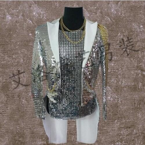 Men tuxedo suits designs homme terno stage costumes for singers men sequin blazer dance clothes jacket style punk rock silver