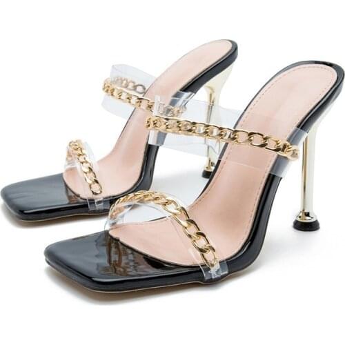 New Clear PVC Transparent High Heel Slippers Summer Fashion Chain Design Slip on Square Toe Slides Women Mules Pumps