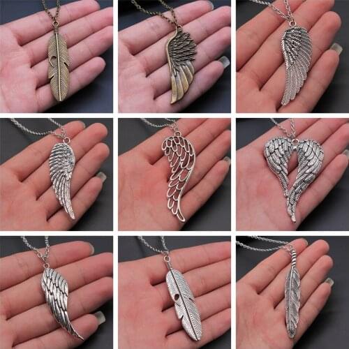2 Colors Antique Silver Color Antique Bronze Color Bird Wings & Feather Pendant Necklace Gift For Women Men Girl Boy Metal Chain