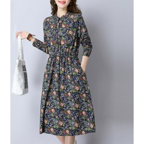 Plus size 4XL Spring Autumn Dress Women 2020 Fashion Long Sleeve Floral Print Dress Elegant Slim Pocket A-line Dress Vestidos