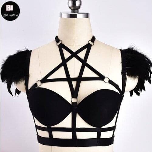 Sexy Black Women Pentagram Body Harness Gothic Cage Bra Feather Angel Wings Rave Festival Bustier Burning Men Pole Dance Bra
