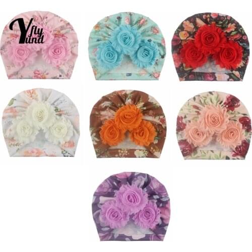 Yundfly Fashion Handmade Flowers Newborn Caps Vintage Print Baby Girls Turban Hat Floral Headwear Hair Accessories Birthday Gift
