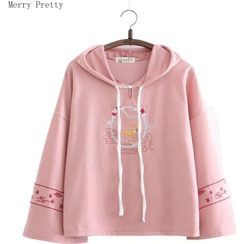Women Cartoon Embroidery Hooded Sweatshirts Women 2020 Spring Cotton Hoodie Long Sleeve Loose Drawstring Tracksuit