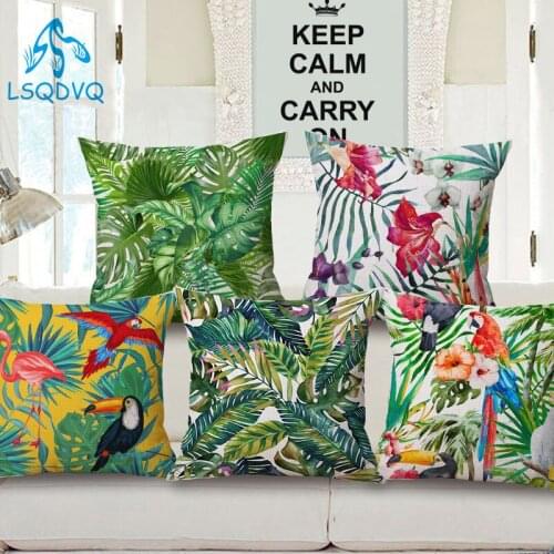 Tropical Green Plant Monstera Animals Parrot Square Pillow Cushion Cover For Sofa Car Home Capa De Almofadas 45x45cm