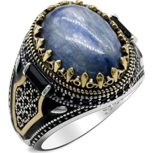 Turkish Punk Style Jewelry Mens Ring With Sky Blue Natural Kyanite 925 Sterling Silver Retro CZ Enamel Ring Men and Women Gifts