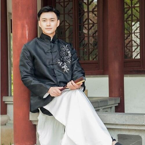 High quality Materials Black White Chinese Landlord Rich Mens Ancient Long Robe Asian Master Gown TV Movie Performing Clothing