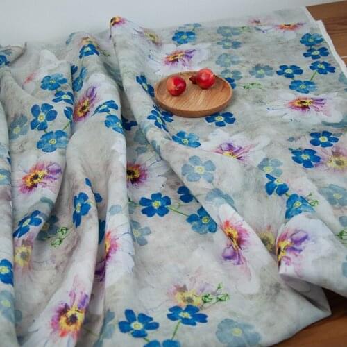 High quality ramie material blue flowers printing patchwork High grade robe dress cheongsam fabric