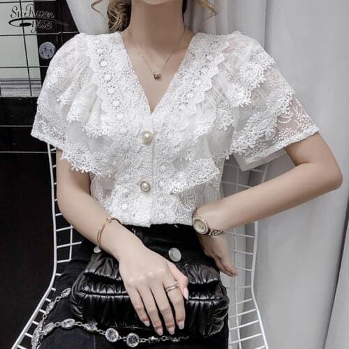 2021 Summer New French Sexy Tops Ruffle Stitching Shirt Female V-neck Hollow Lace Blouse Women Short Sleeve Crochet Blouse 14175