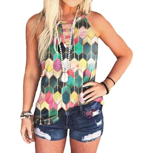 Women Fashion Geometry Tees Contrast Color Round Neck Short-sleeved T-shirt Casual Vest Loose Female Tops Rhomboid Print Top D30