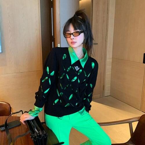 Early Spring Autumn Long-Sleeved Round Neck Blouse Knitted Sweater Design Hollow Out Lazy Style Outer Jacket