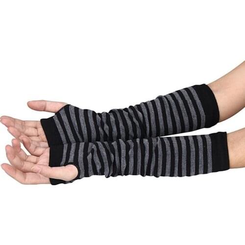 Lady Stretchy Soft Knitted Wrist Arm Warmer Long Sleeve Fingerless Gloves Striped AIC88