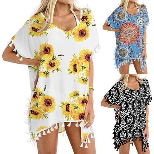 Women Swimsuit Summer Beach Dress Sexy Bathing Suit Tunic Trim Kaftan Chiffon Tassels Swimwear Pareo Loose Bikini Cover Up Tops
