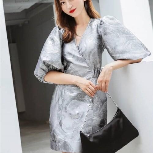 Womens Glittering V-Neck Wrap Jacquard Puff Sleeve Mini Dress with Sashes 2021 Early Autumn Ladies Slim Waist Short Robe
