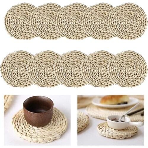 10 Pack Woven Placemats,Coaster,Round Corn Husk Placemat Rattan Table Mats,for Tea Coffee,Heat Insulation Pads,4.3 Inch