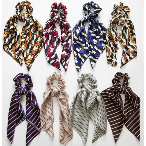 8PC/lot Retro Stripes Geometric Long Streamers Scrunchies Hair Ponytail Holder Tie Bow Elastic Hairband wholesale