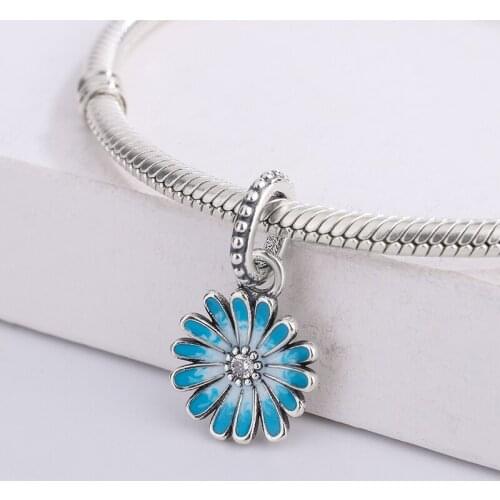 925 Sterling Silver Blue Daisy Flower Charm Bead Blue Hand Applied Enamel Flower Bracelet Jewelry Making For Original Pandora