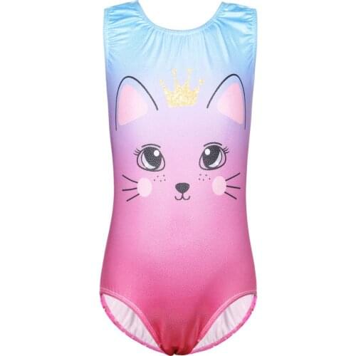 BAOHULU Shiny Sleeveless Gymnastics Leotard Girls Cartoon Cat Pattern Ballet Leotard Children Training Bodysuits Dance Jumpsuits