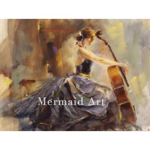 Unframed Impression Hand-Painted Lady Playing The Violon Cello Oil Painting Handmade Cello Oil Paintings