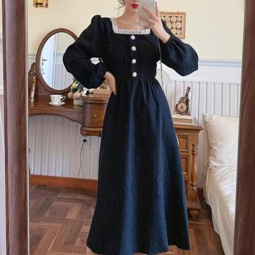 Black Vintage Midi Dress Women Party Korea style Long Sleeve Retro Y2k Dress Lace-Up 2021 Autumn Evening Fairy Dress Slim Design