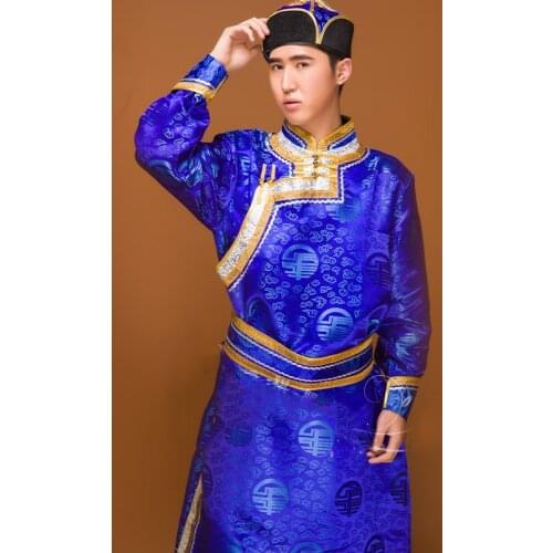 Ethnic mens robe long sleeves Tang Suit style gown mongolian costume stand collar Vestido Male asian clothes