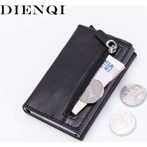 DIENQI Anti Rfid Card Holder Coin Purse Men Women Change Purse Leather Money Bag Slim Small Pouch Mini Bag Metal Wallet Purse