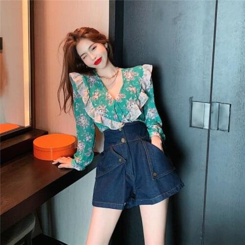 Shirt Summer chiffon big V-neck Ruffle sunscreen air conditioning shirt high waist A-line jeans women two print women
