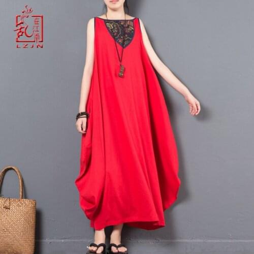 LZJN Vintage Summer Dress Womens Sundress 2020 Cotton Linen Long Dress Female Sleeveless Tank Vestido Robe Plus Size