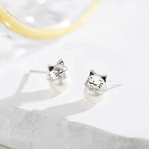 Cute 925 Sterling Silver Lucky Cat Freshwater Pearl Stud Earrings For Women Girls Kids Jewelry Orecchini Aros Aretes Orecchini