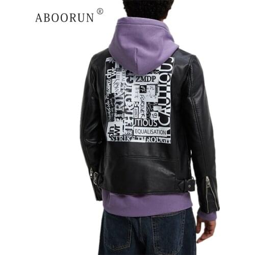 ABOORUN Mens Fashion Printed Leather Jackets Black Motorcycle Leather Jackets Korean Slim fit Leather Coat for Male