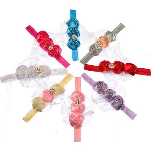 New Baby Hair Bows Girls Fashion Crystal Hair Bands Lace Mix 3 Rose Headbands Children Flower Hair Accessories Head Bands