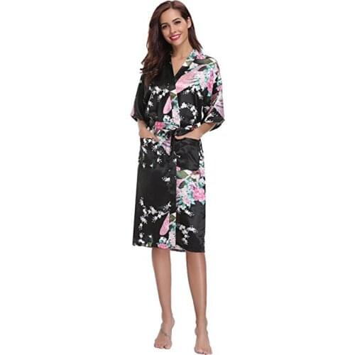 Plus Size 3XL Summer Sexy Black Nightgown Womens Kimono Robes Peacock Blossoms Silk Bridal Robe Wedding Party Sleeprobe