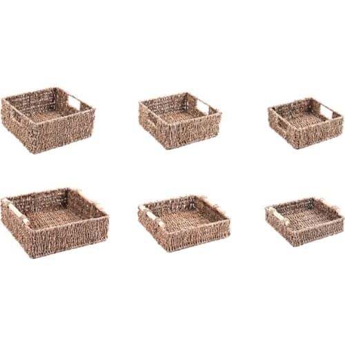 Hand-Woven Wicker Basket Storage Tray with Handle Desktop Display Box Organizer for Bread Fruit Snack Food Breakfast