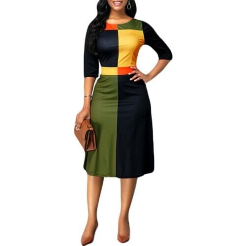 Plus Size Spring 2021 Fashion Women 3/4 Sleeve O Neck Geometric Patchwork Color Block Large Hem Knee-length Dress женское плать