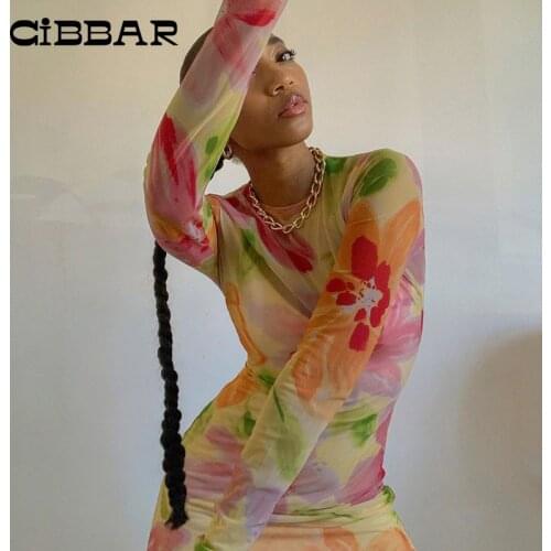 CIBBAR Flower Print Mesh See Through y2k Mini Dress Women Long Sleeve Sexy Bodycon Short Dresses 2021 Fashion Female Clothing