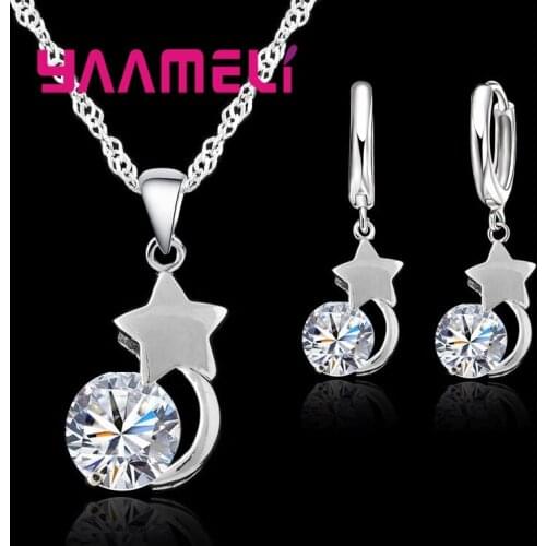 Sparkling Austrian Crystal Jewelry Sets 925 Sterling Silver Star Round Cubic Zircon Pendant Necklace Lever Back Earrings