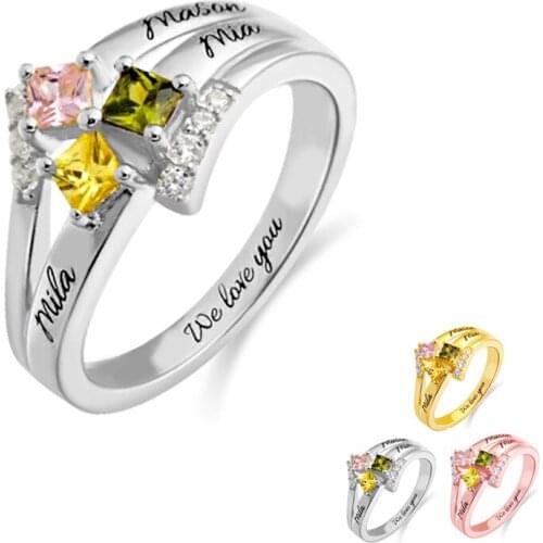 Yonney Personalized 3 Names Ring Custom Birthstone Gift Jewelry Gold Color Rings for Women Engraved Words Family Friend Present