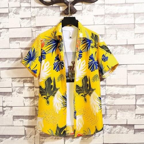 Yellow Fashion Flower Print Design Short Sleeve Casual Shirts Mens Hawaiian Blouse 2021 Summer Clothing Plus Asian Size 5XL 6XL
